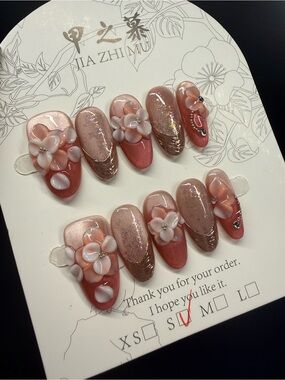 3D Floral Peach Rose Gold Press-On Nails Small